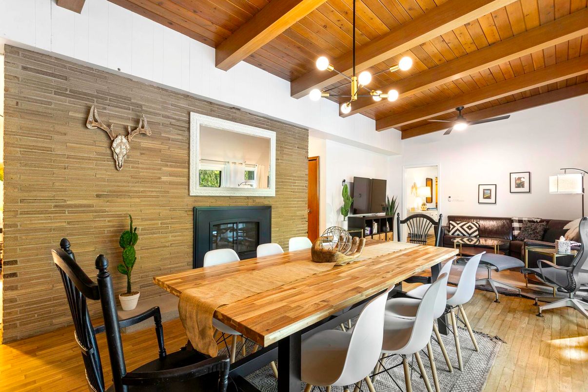 Dining room, Fireplace, Interior, Living room, Pendant Lights, Wooden Beams, Wooden Ceilings, Wood Texture Flooring