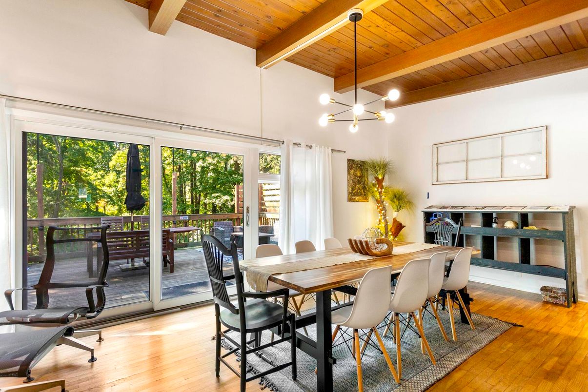 Dining room, Interior, Pendant Lights, Wooden Beams, Wooden Ceilings, Wood Texture Flooring