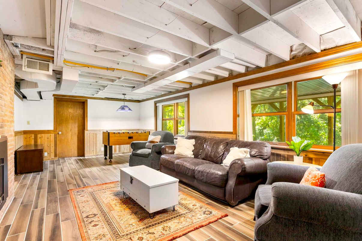 Interior, Living room, Stone Walls, Wood Texture Flooring