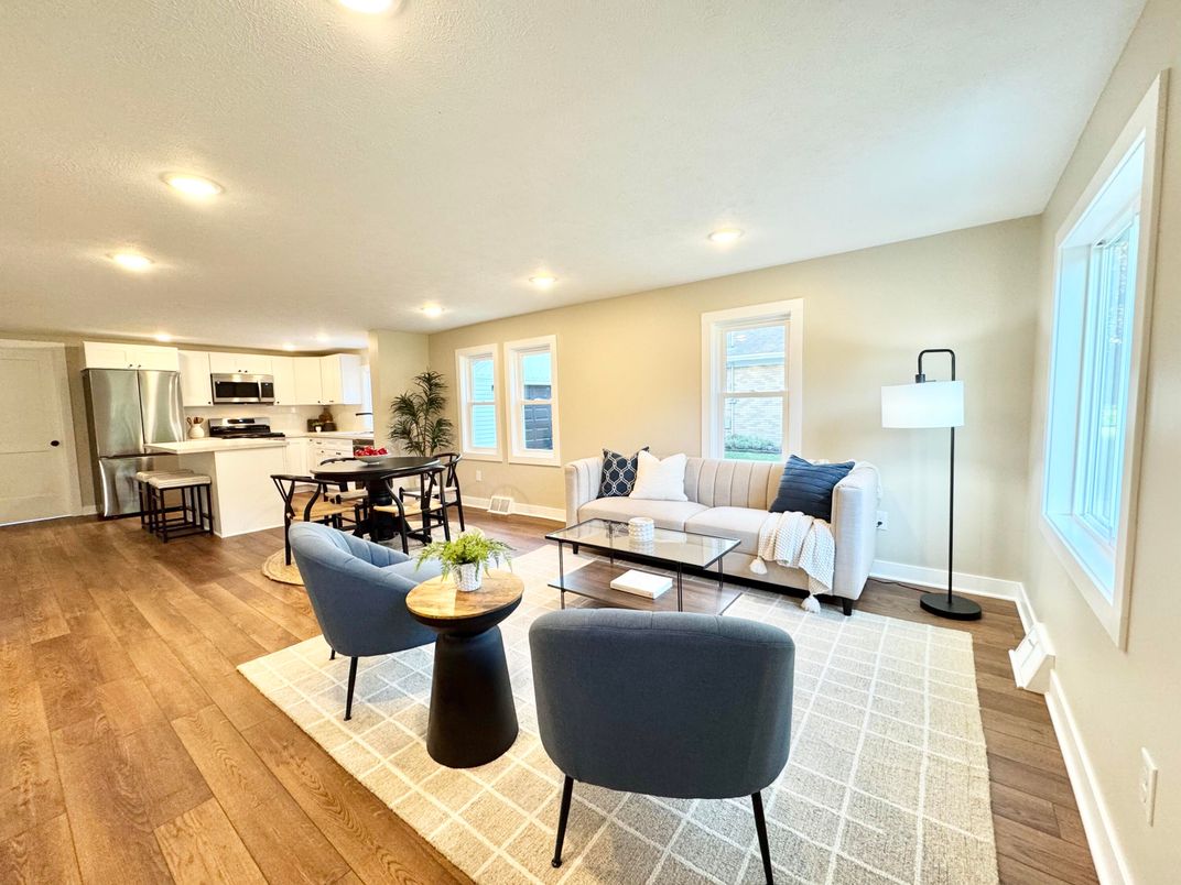 Dining room, Interior, Kitchen, Living room, Recessed Lighting, Stainless Steel Appliances, Wood Texture Flooring