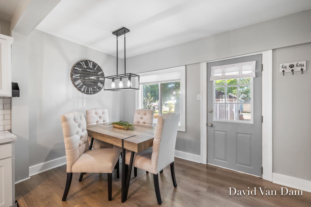 Dining room, Interior, Pendant Lights, Wood Texture Flooring