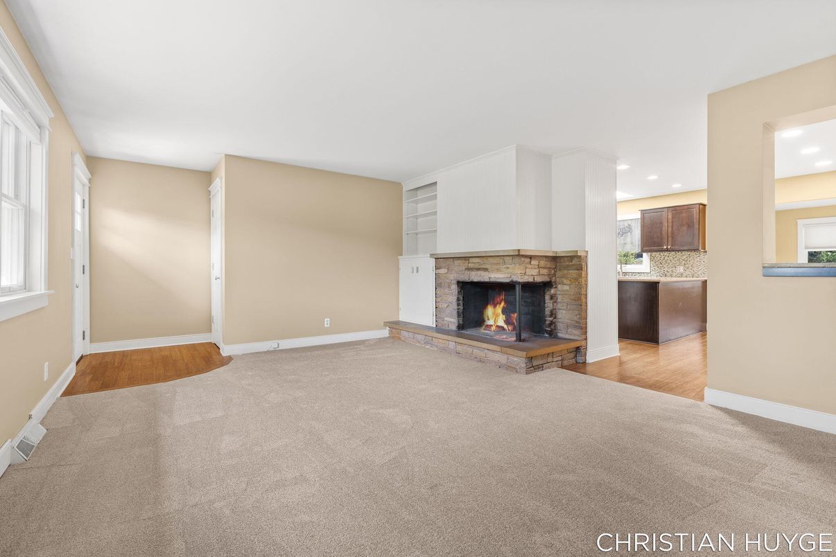 Empty room, Fireplace, Interior, Recessed Lighting, Wood Texture Flooring
