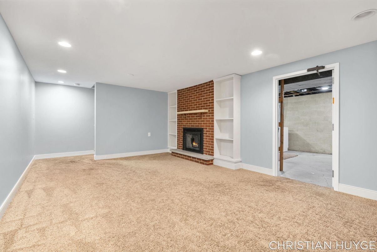 Empty room, Fireplace, Interior, Recessed Lighting, Stone Walls