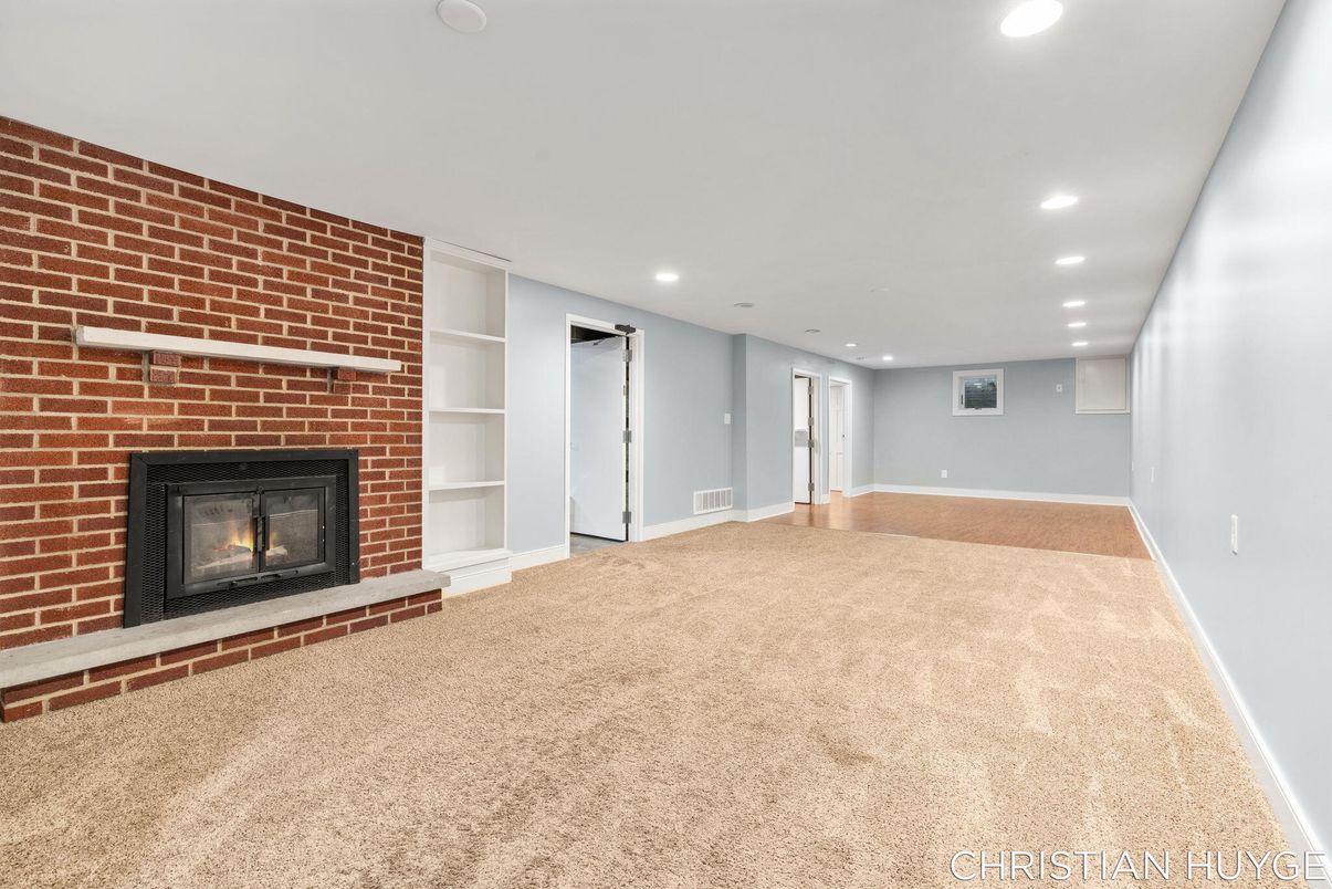Empty room, Fireplace, Interior, Recessed Lighting, Stone Walls