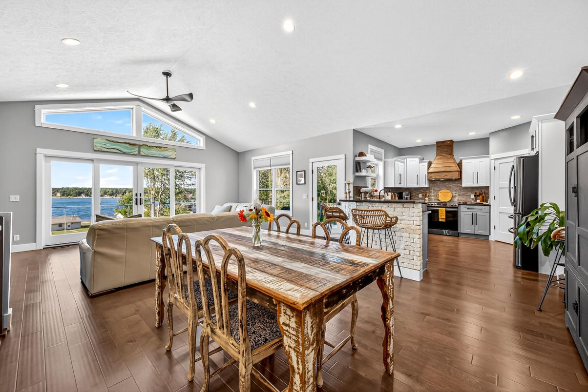 Dining room, Interior, Kitchen, Living room, Recessed Lighting, Water, Wood Texture Flooring