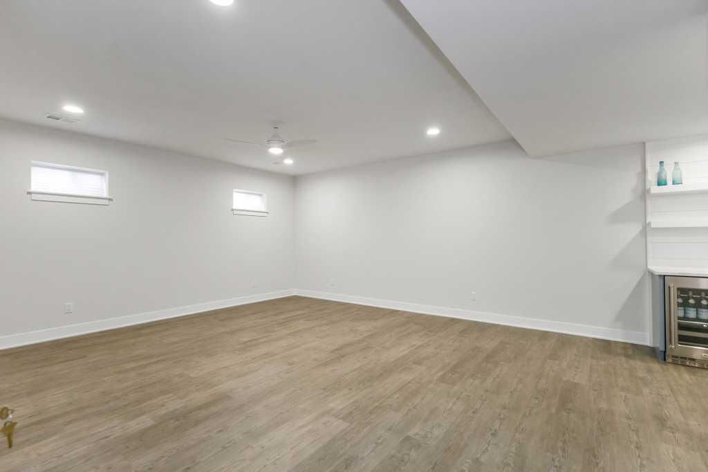 Empty room, Fireplace, Interior, Recessed Lighting, Wood Texture Flooring