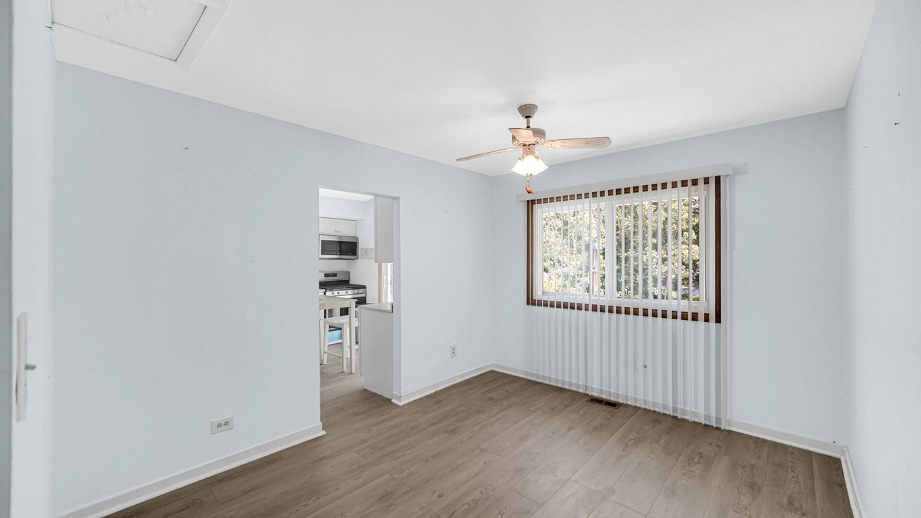 Empty room, Interior, Kitchen, Stainless Steel Appliances, Wood Texture Flooring