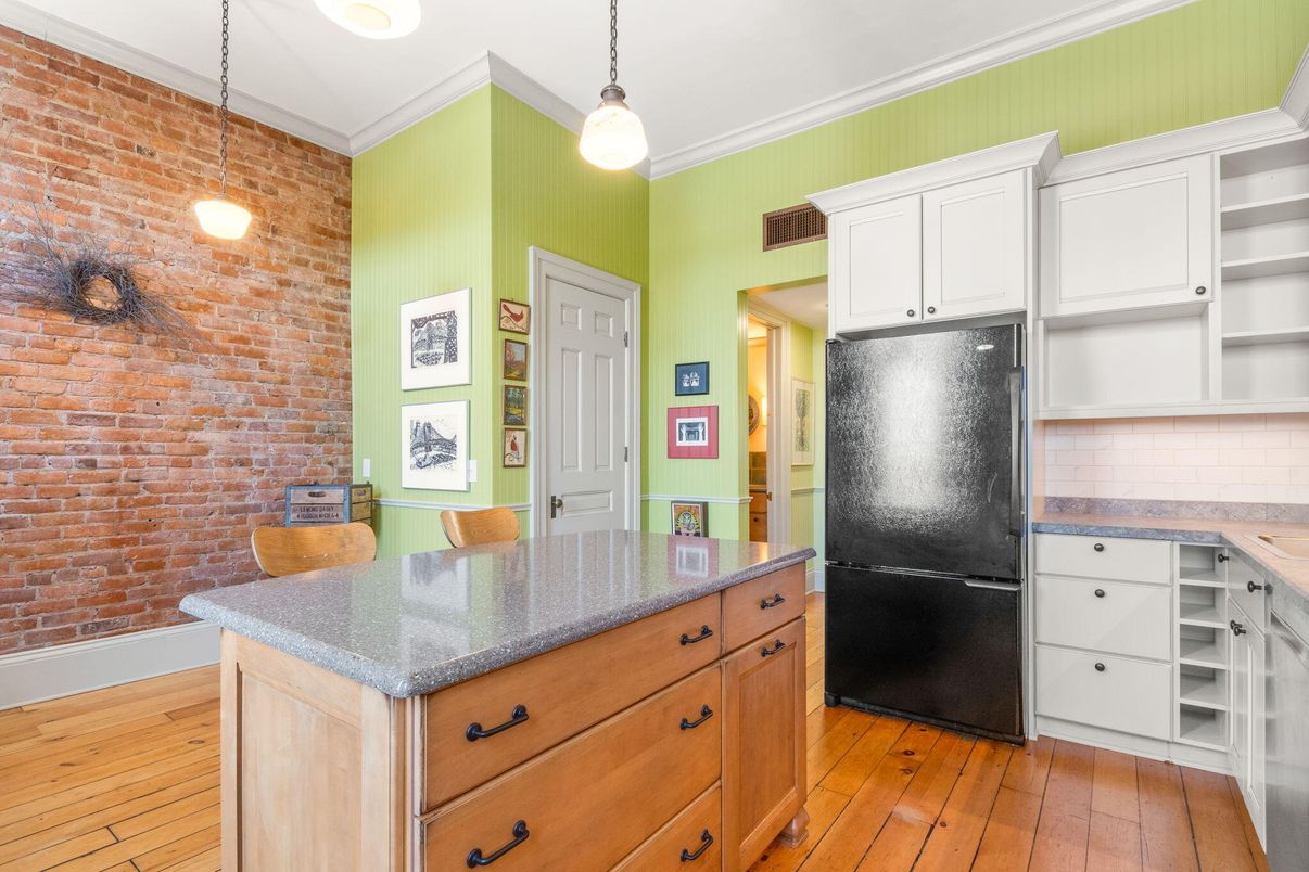 Interior, Kitchen, Pendant Lights, Stone Walls, Wood Texture Flooring
