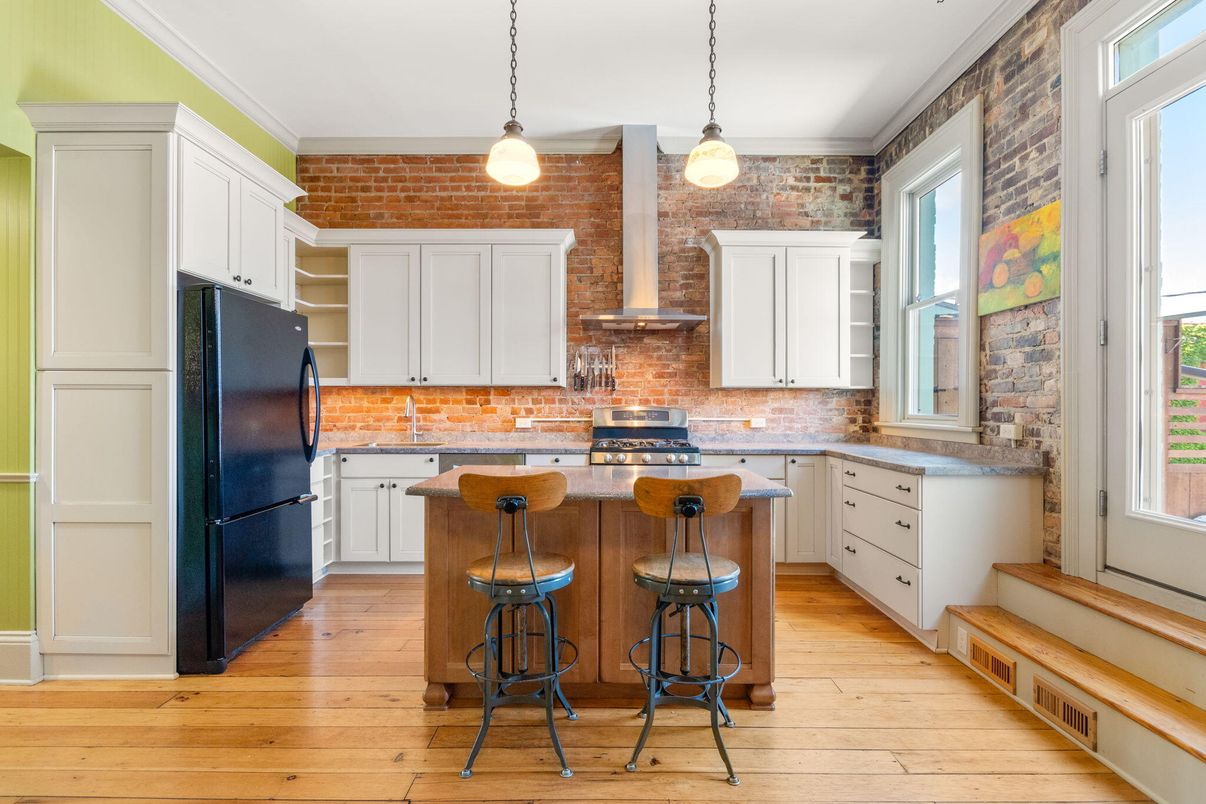 Interior, Kitchen, Pendant Lights, Stone Walls, Wood Texture Flooring