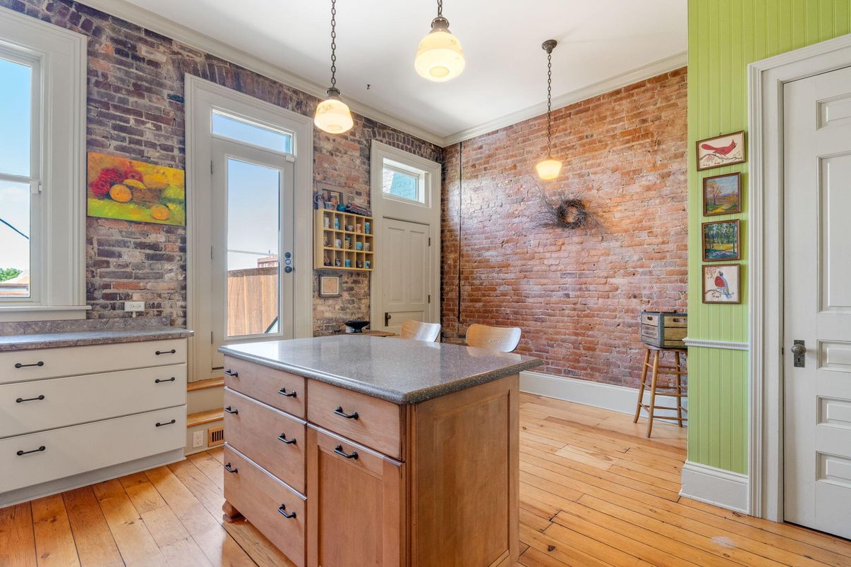Interior, Kitchen, Pendant Lights, Stone Walls, Wood Texture Flooring