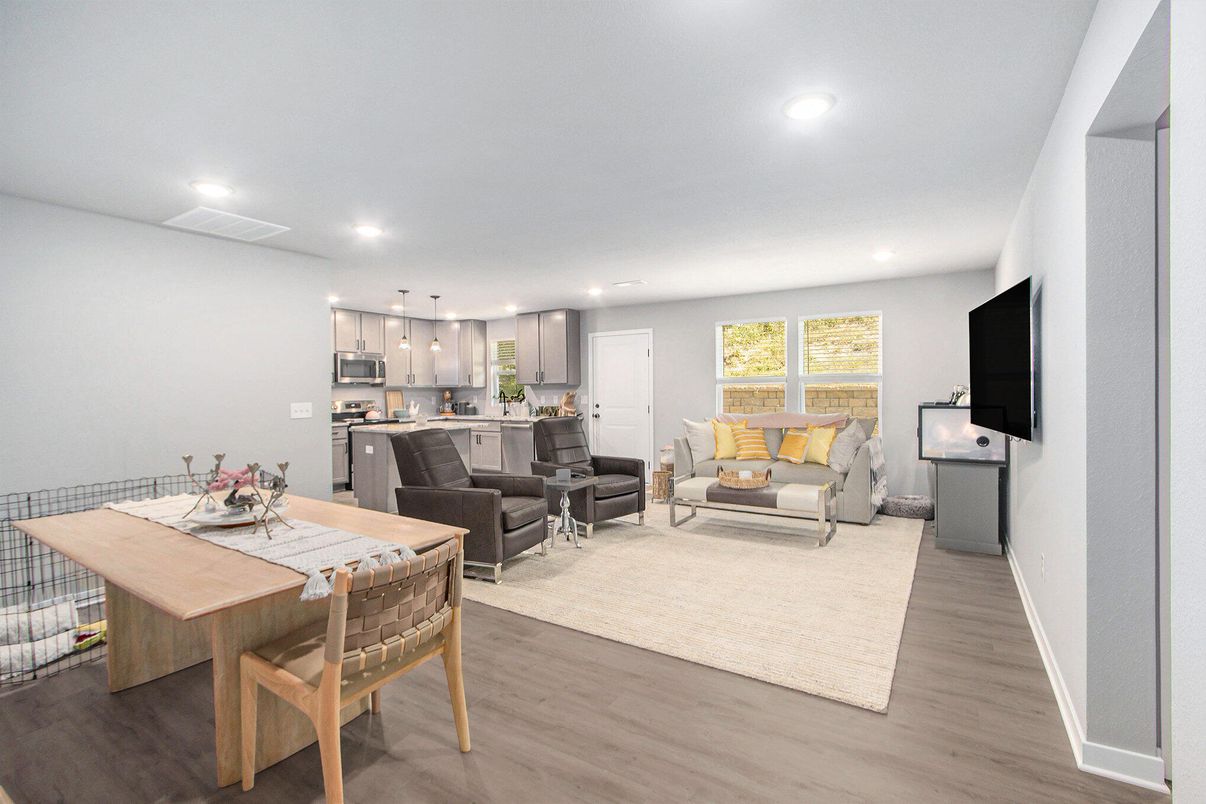 Dining room, Interior, Kitchen, Living room, Pendant Lights, Recessed Lighting, Stainless Steel Appliances, Wood Texture Flooring