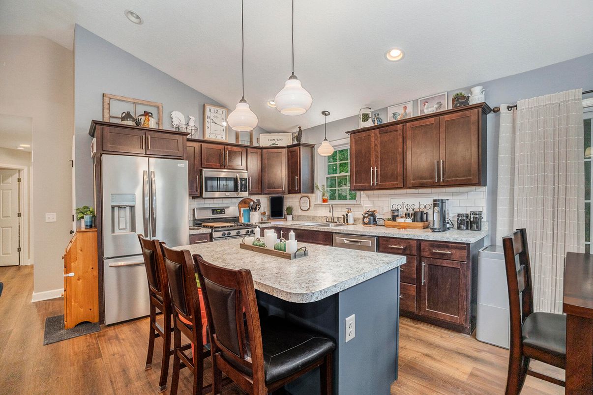 Interior, Kitchen, Pendant Lights, Recessed Lighting, Stainless Steel Appliances, Wood Texture Flooring