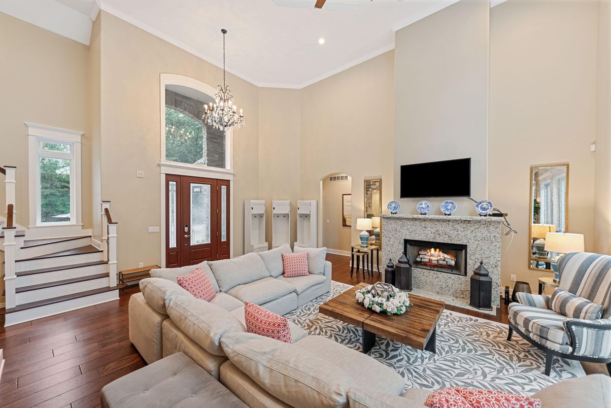 Chandelier, Fireplace, Interior, Living room, Recessed Lighting, Wood Texture Flooring