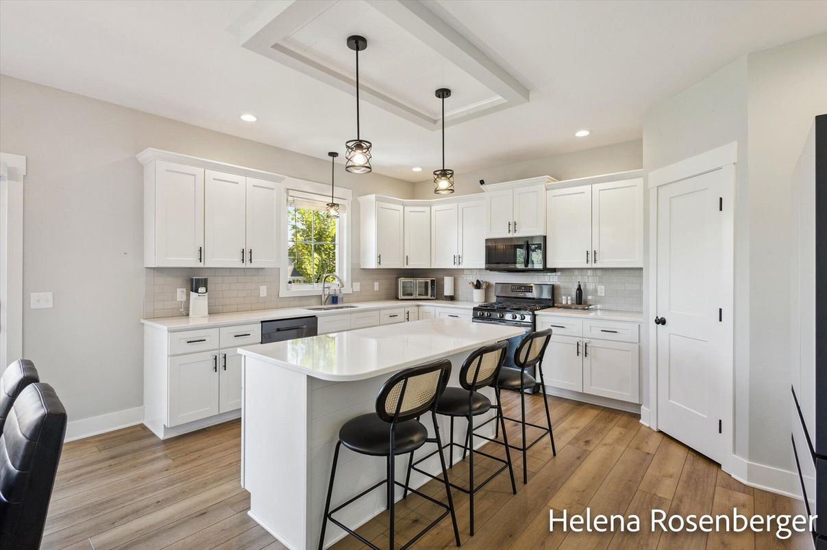 Interior, Kitchen, Pendant Lights, Recessed Lighting, Stainless Steel Appliances, Wood Texture Flooring