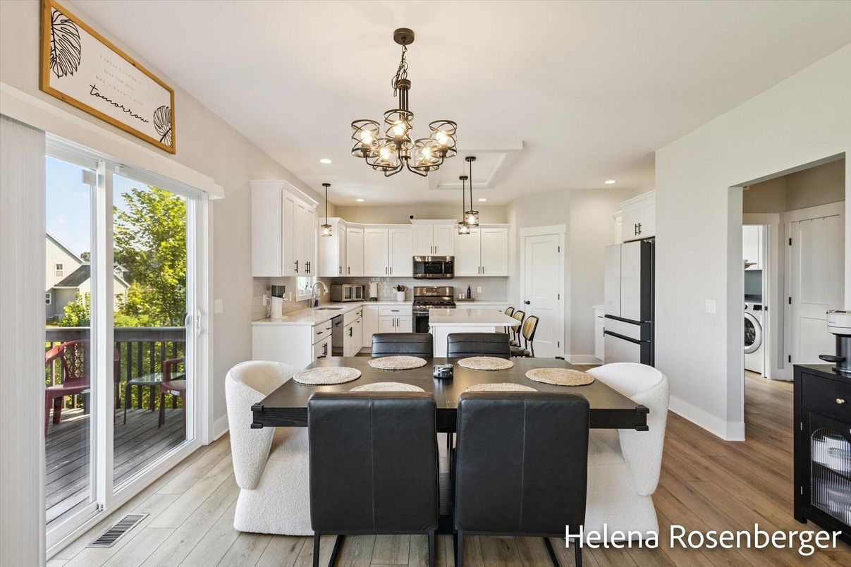 Chandelier, Dining room, Interior, Kitchen, Recessed Lighting, Wood Texture Flooring
