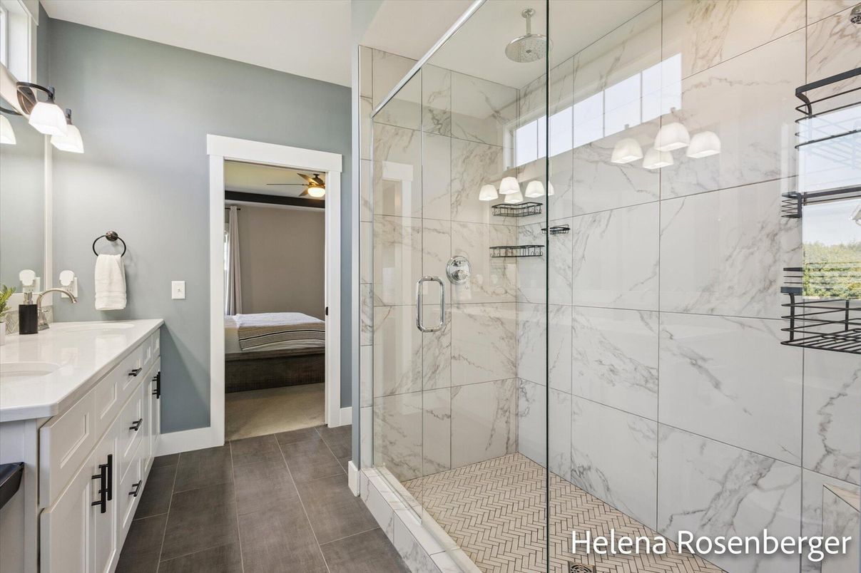 Bathroom, Dual Sink Vanities, Glass Shower, Interior, Marble Walls