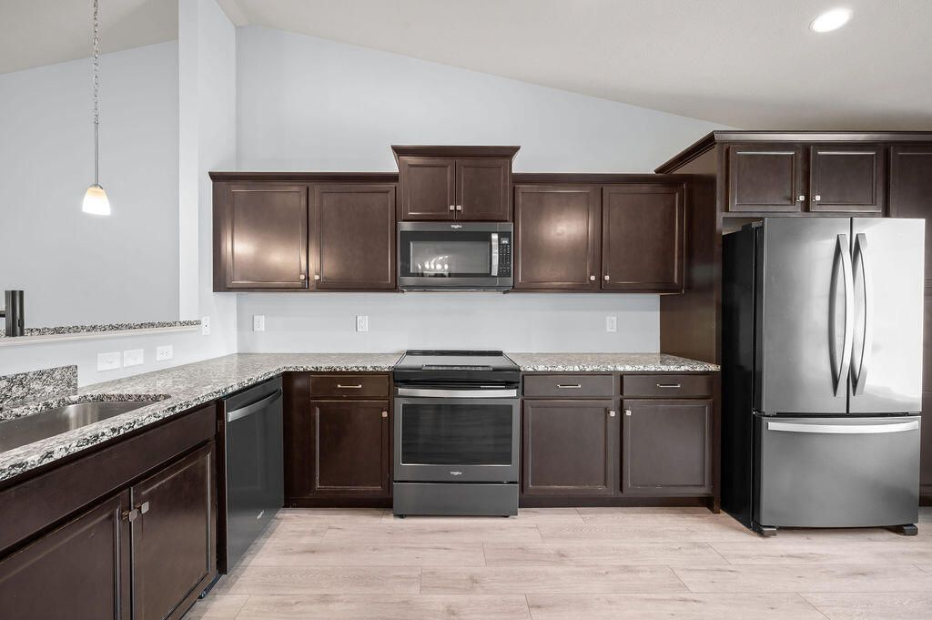Interior, Kitchen, Pendant Lights, Recessed Lighting, Wood Texture Flooring