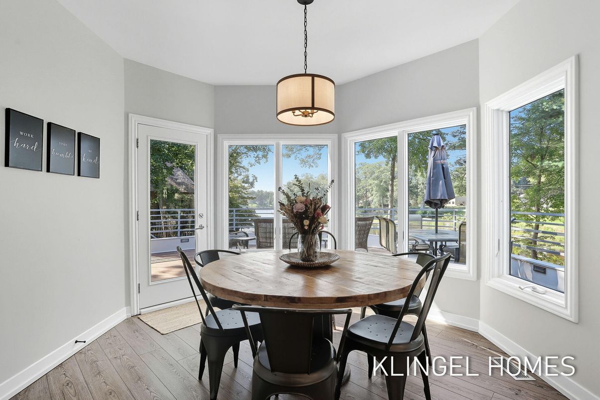 Dining room, Interior, Pendant Lights, Wood Texture Flooring
