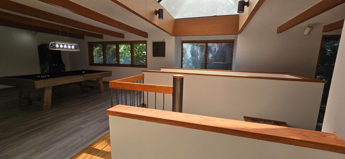 Billiard Table, Game Room, Interior, Pendant Lights, Wooden Beams, Wood Texture Flooring