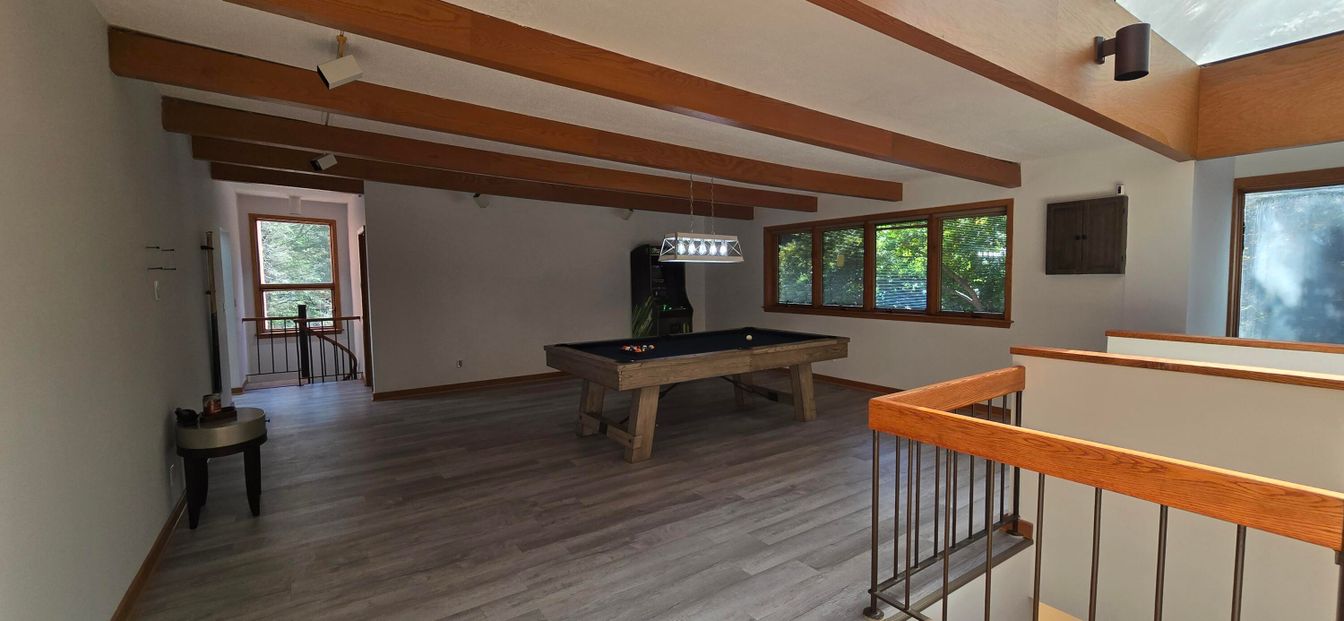 Billiard Table, Game Room, Interior, Pendant Lights, Wooden Beams, Wood Texture Flooring
