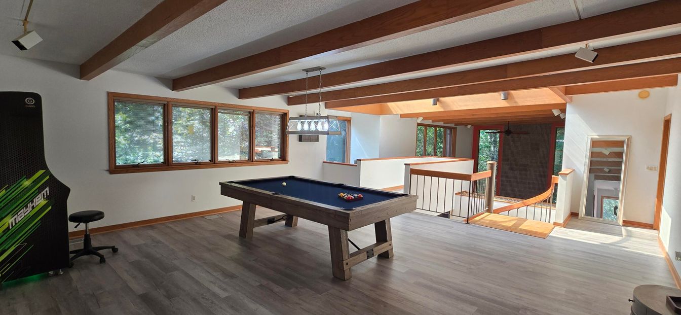 Billiard Table, Game Room, Interior, Pendant Lights, Wooden Beams, Wood Texture Flooring