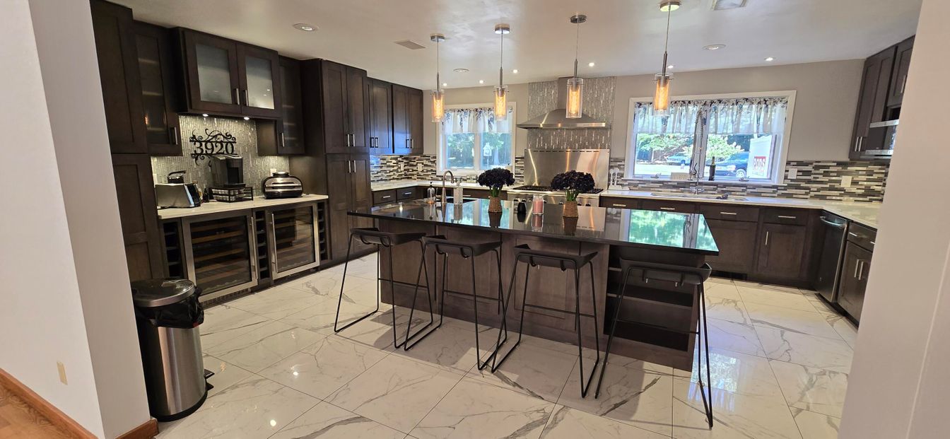 Interior, Kitchen, Marble, Pendant Lights, Recessed Lighting, Stainless Steel Appliances