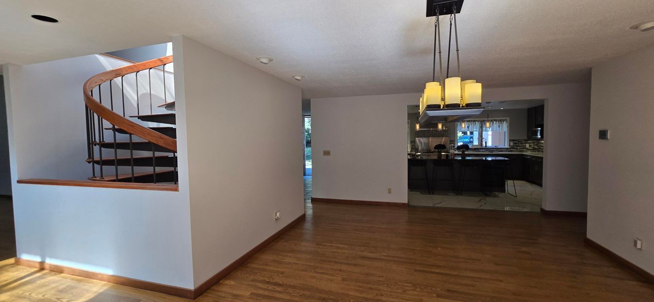 Interior, Kitchen, Marble, Pendant Lights, Wood Texture Flooring
