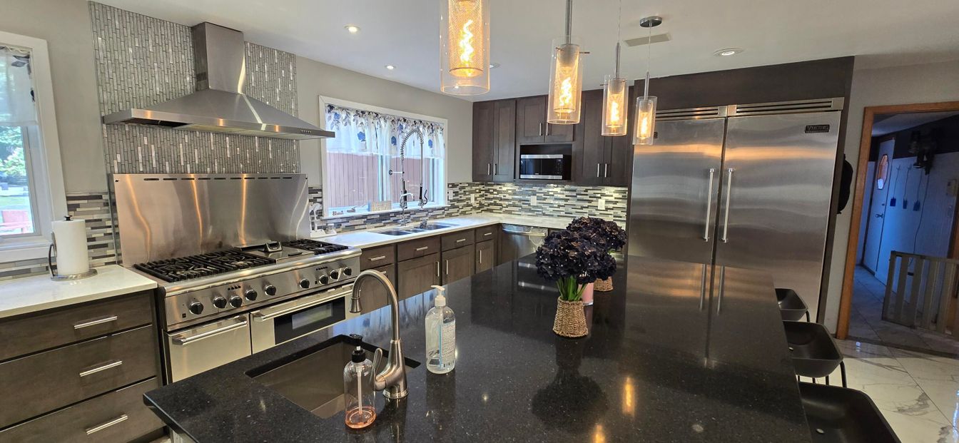 Interior, Kitchen, Marble, Pendant Lights, Recessed Lighting, Stainless Steel Appliances