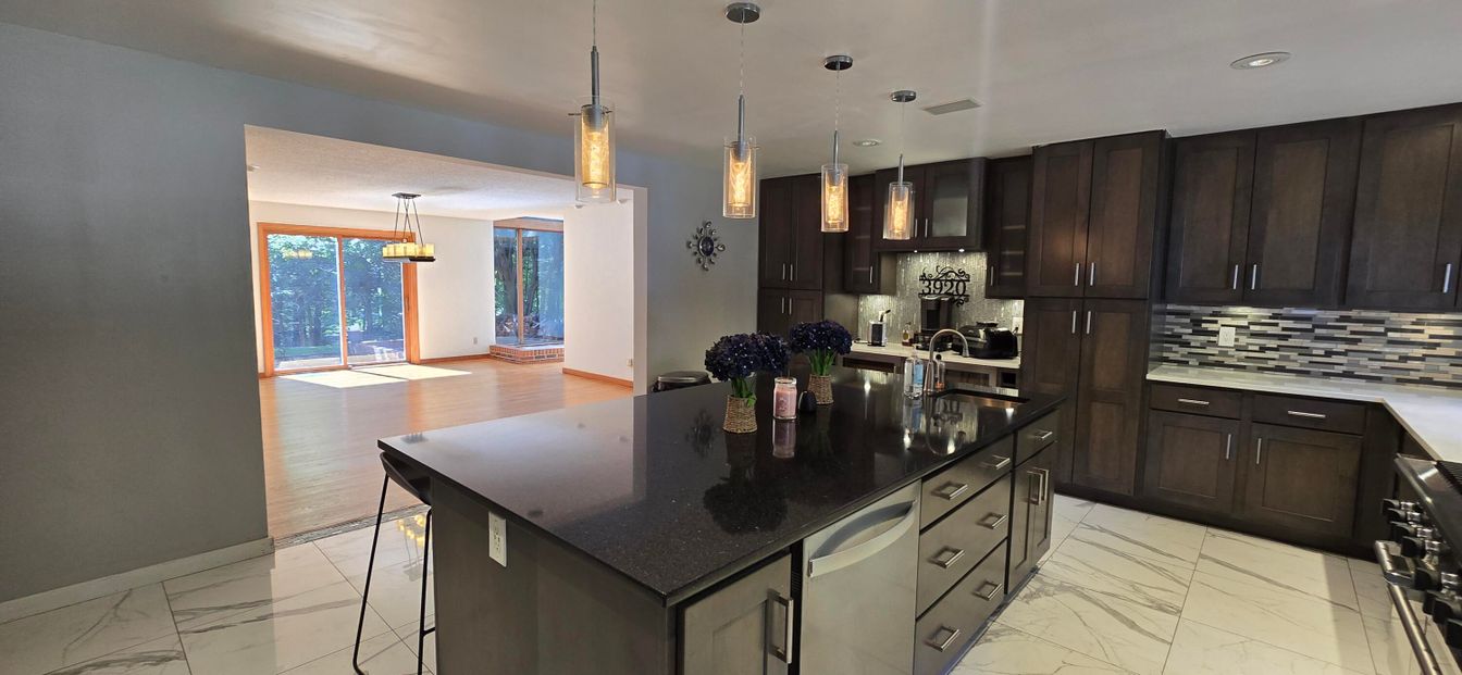 Interior, Kitchen, Marble, Pendant Lights, Recessed Lighting, Stainless Steel Appliances