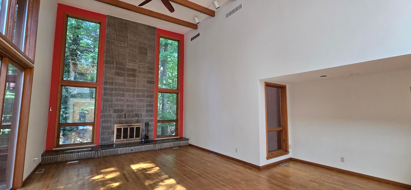 Empty room, Fireplace, Interior, Wooden Beams, Wood Texture Flooring