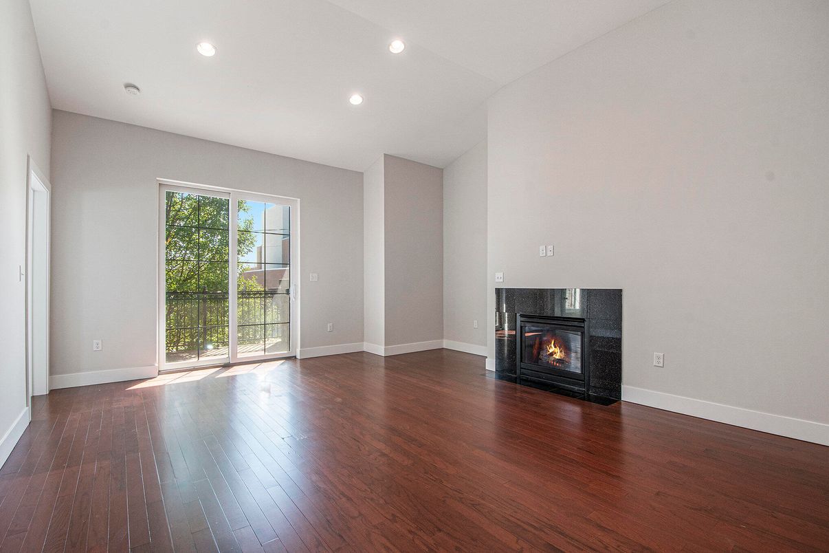 Empty room, Fireplace, Interior, Recessed Lighting, Wood Texture Flooring
