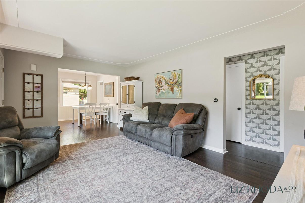 Dining room, Interior, Living room, Pendant Lights, Wood Texture Flooring