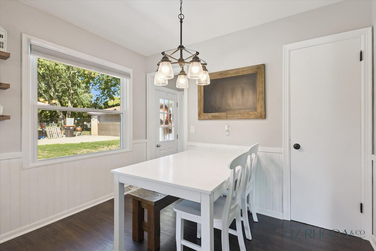Dining room, Interior, Pendant Lights, Wood Texture Flooring