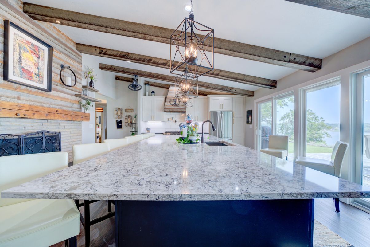 Dining room, Fireplace, Interior, Kitchen, Pendant Lights, Wooden Beams, Wood Texture Flooring