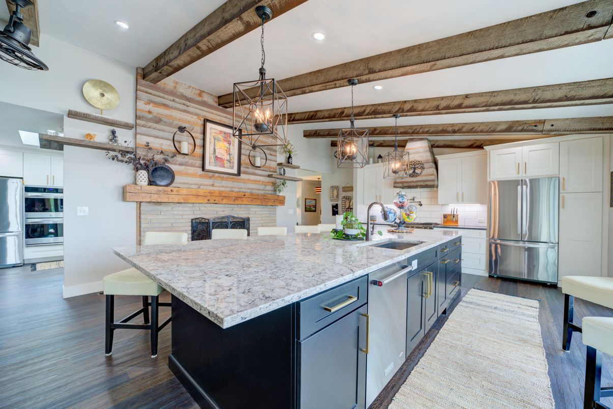 Interior, Kitchen, Pendant Lights, Recessed Lighting, Stainless Steel Appliances, Wooden Beams, Wood Texture Flooring