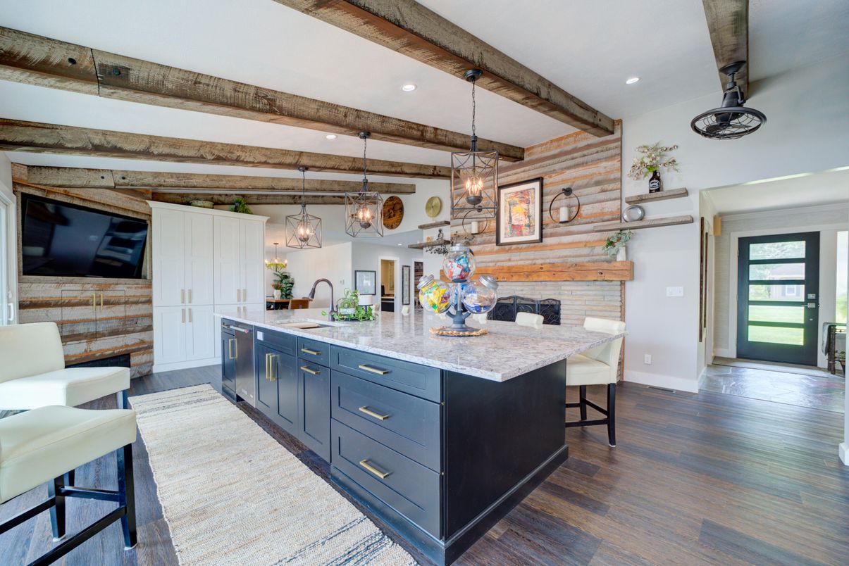 Interior, Kitchen, Pendant Lights, Recessed Lighting, Stone Walls, Wooden Beams, Wood Texture Flooring