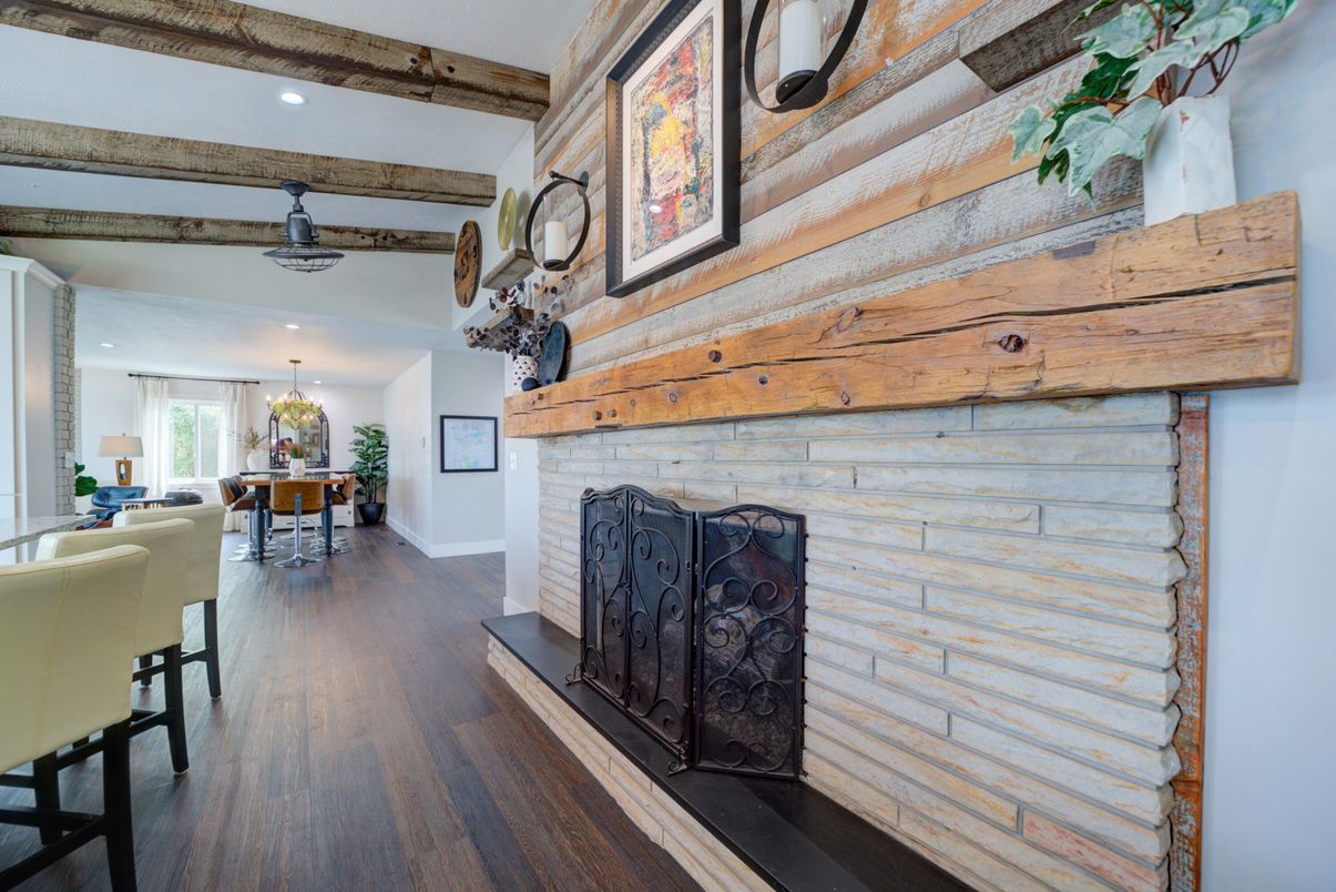 Dining room, Fireplace, Interior, Pendant Lights, Recessed Lighting, Stone Walls, Wooden Beams, Wood Texture Flooring