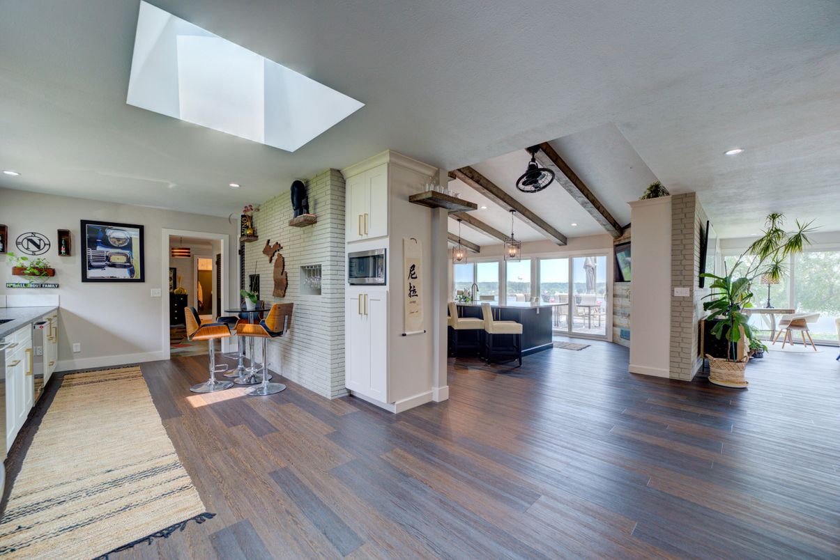 Interior, Kitchen, Recessed Lighting, Stone Walls, Wood Texture Flooring
