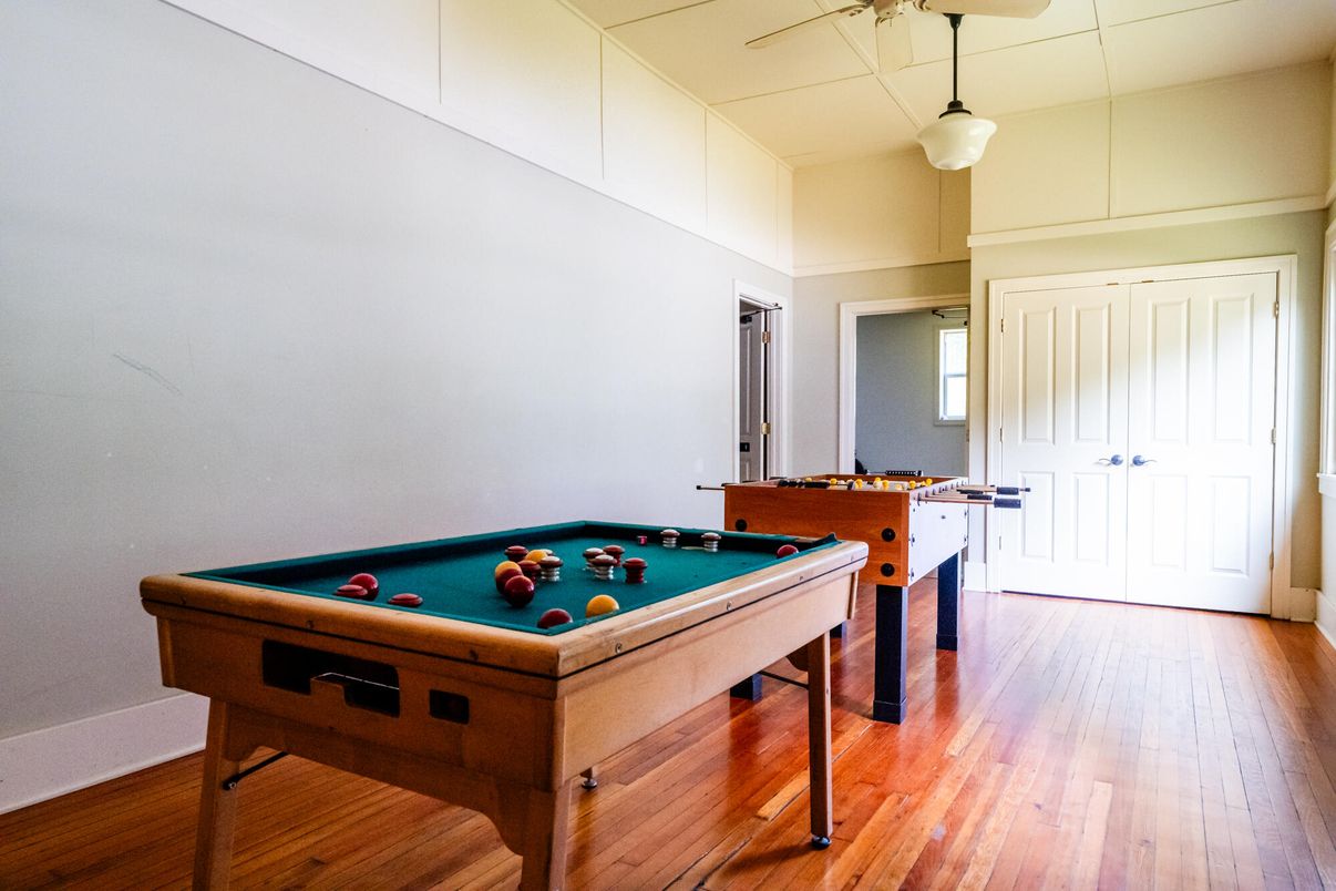 Billiard Table, Game Room, Interior, Pendant Lights, Wood Texture Flooring