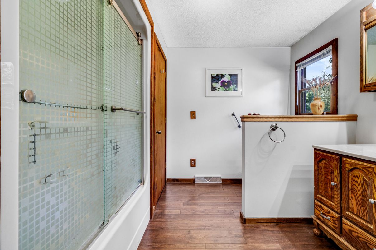 Bathroom, Glass Shower, Interior, Wood Texture Flooring