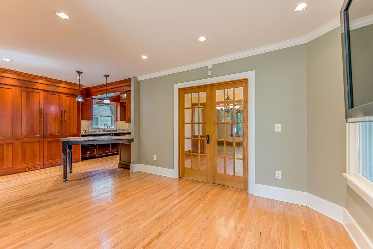 Empty room, Interior, Kitchen, Pendant Lights, Recessed Lighting, Wood Texture Flooring