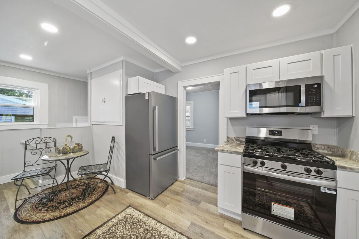 Interior, Kitchen, Recessed Lighting, Stainless Steel Appliances, Wood Texture Flooring