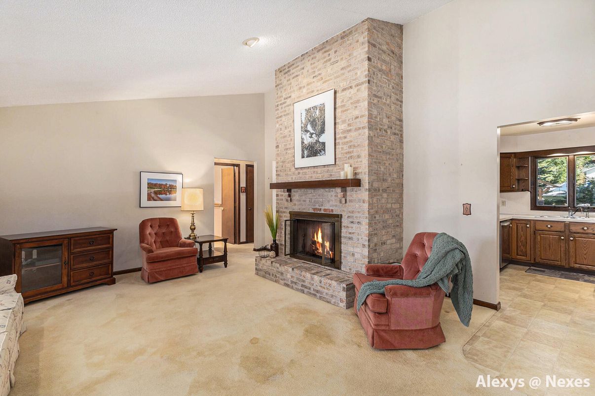 Fireplace, Interior, Living room, Recessed Lighting, Stone Walls