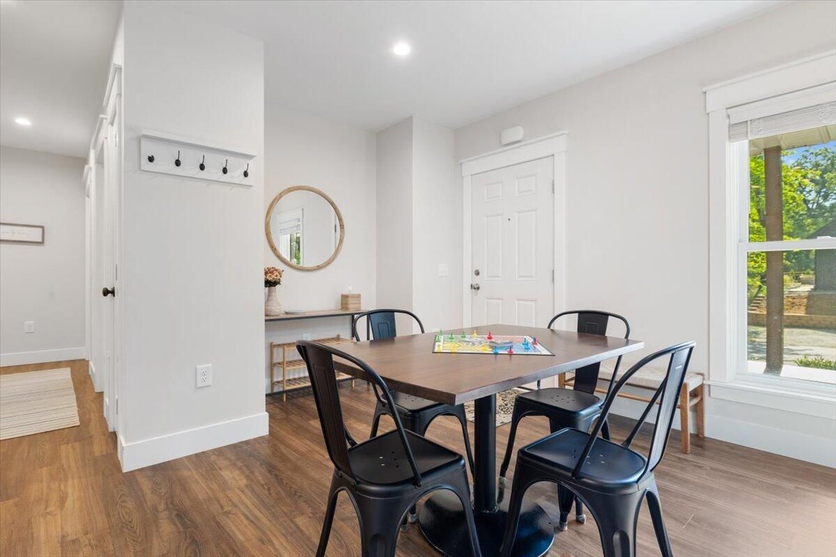 Dining room, Interior, Recessed Lighting, Wood Texture Flooring