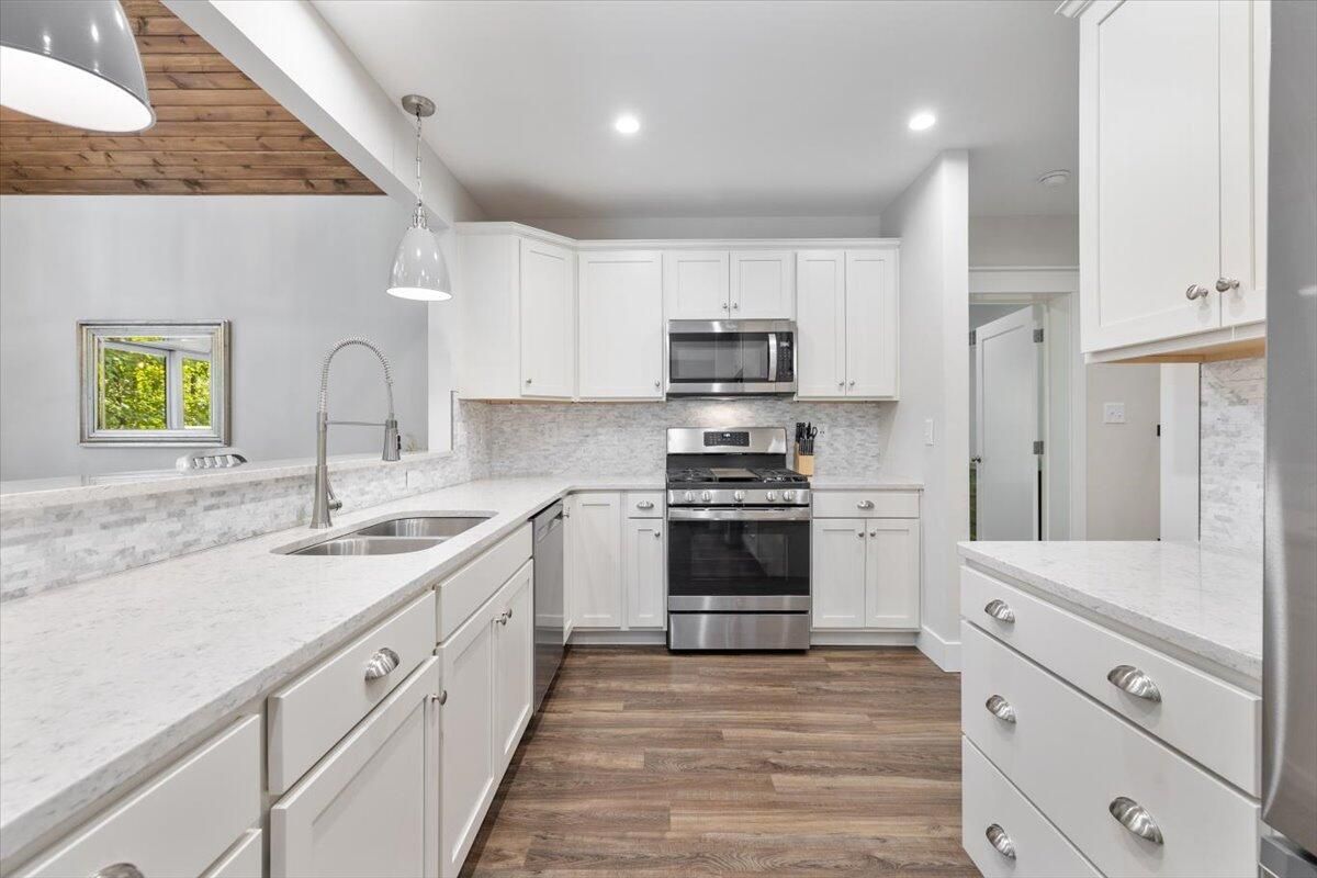 Interior, Kitchen, Pendant Lights, Recessed Lighting, Stainless Steel Appliances, Wooden Ceilings, Wood Texture Flooring