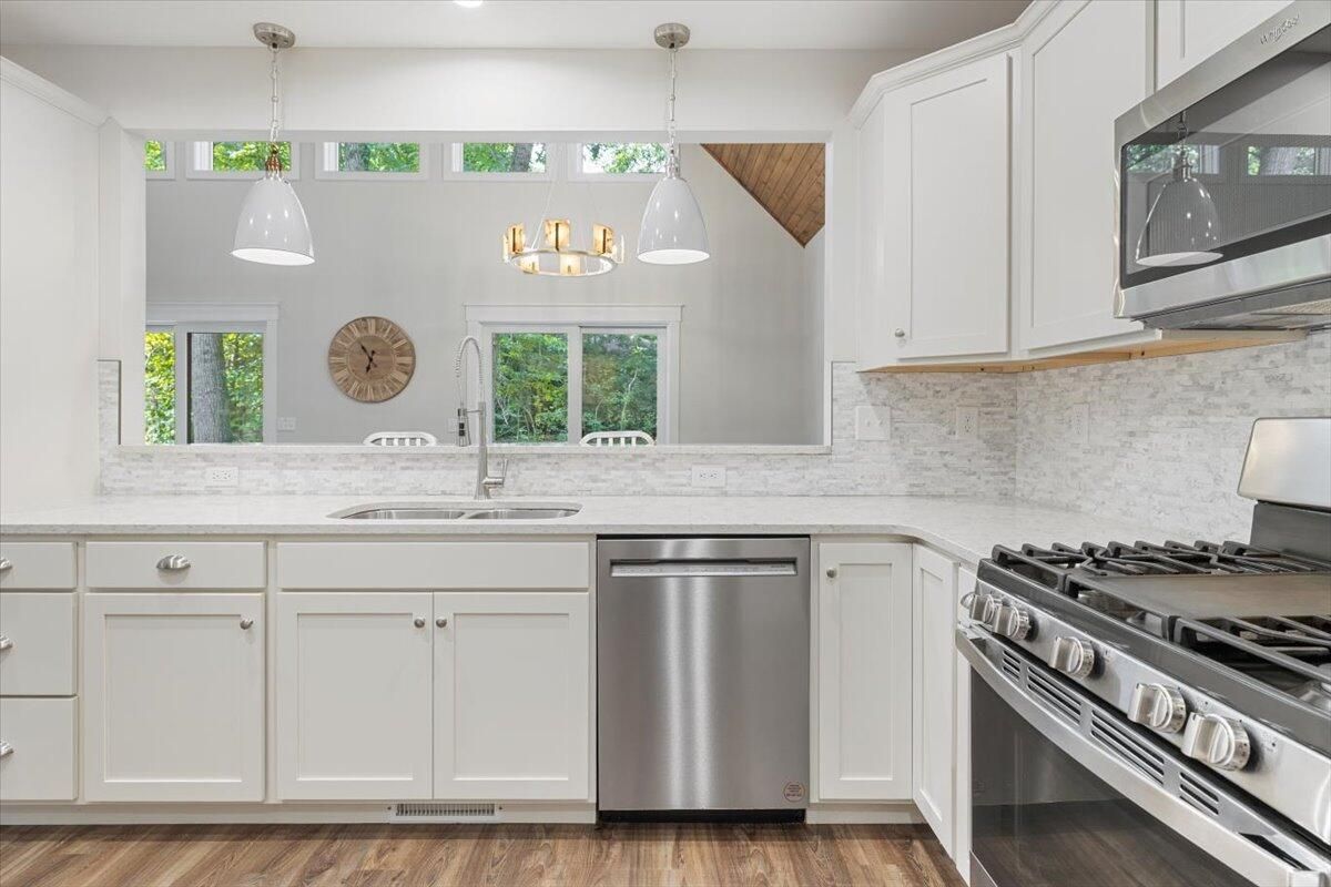 Interior, Kitchen, Pendant Lights, Recessed Lighting, Stainless Steel Appliances, Wood Texture Flooring