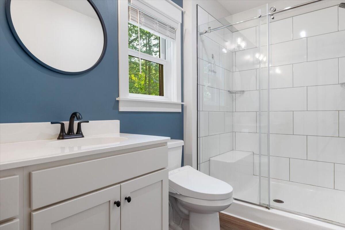 Bathroom, Glass Shower, Interior, Wood Texture Flooring