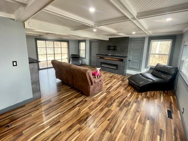 Fireplace, Interior, Living room, Recessed Lighting, Wood Texture Flooring