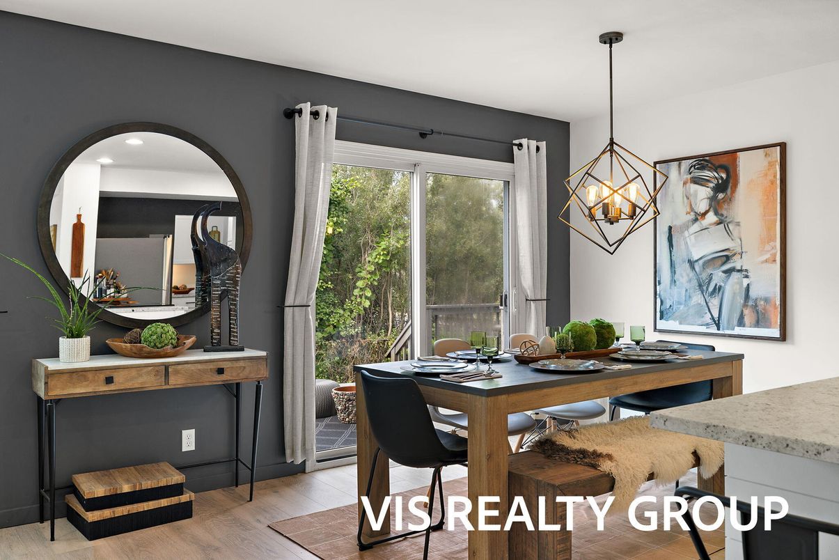 Dining room, Interior, Pendant Lights, Wood Texture Flooring
