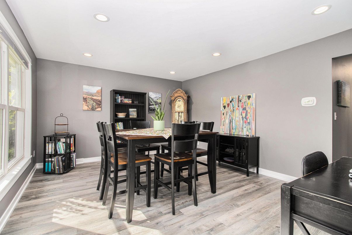 Dining room, Interior, Recessed Lighting, Wood Texture Flooring